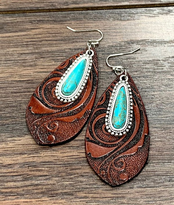 Tooled Leather Turquoise Stone Earrings